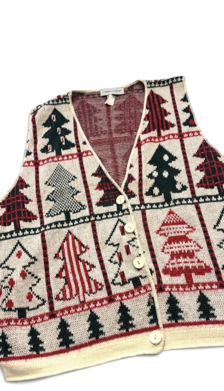 Vintage Christmas Sweater Vest CABIN CREEK Knit Grandmacore Trees Size Large